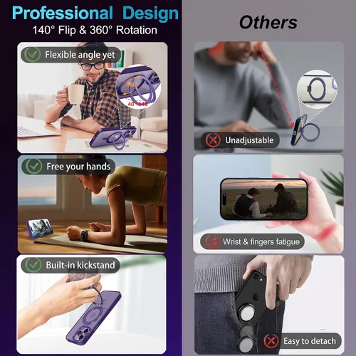 Vista 5 de Funda magnética para iPhone 14 Pro Max compatible con Magsafe, iPhone 14 Pro Max con soporte de anillo giratorio de 360°, bonita funda translúcida