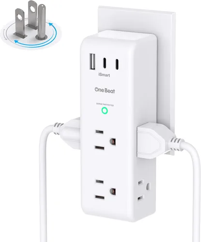 Vista 15 de Extensor de salida con protector de sobretensiones con enchufe giratorio, 6 tomas de corriente alterna con 3 puertos USB (2 USB C), cargador