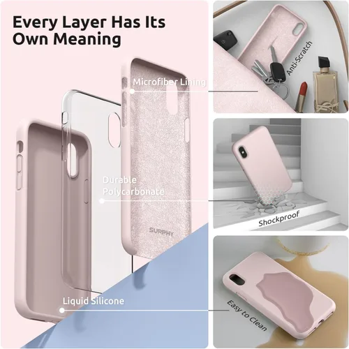 Vista 5 de SURPHY Diseñada para iPhone Xs y iPhone X con forro de microfibra, funda gruesa de silicona líquida para iPhone X XS de 5.8 pulgadas, color rosa bebé