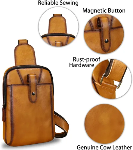 Vista 6 de LRTO Bolso de cuero genuino para hombres y mujeres, mochila bandolera de cuero real, bolso cruzado de hombro a la moda