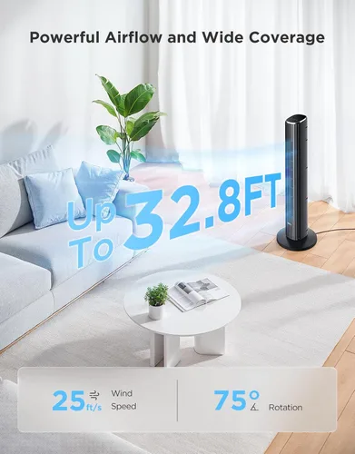 Vista 3 de GoveeLife Ventilador de torre negro para dormitorio, ventilador de piso inteligente de 36 pulgadas con control de aplicación/voz, sensor