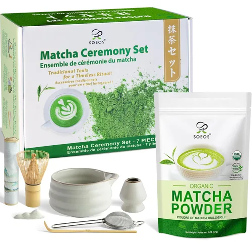 Vista 10 de Soeos Polvo de Matcha Orgánico, Polvo de Té Verde Matcha, 2 oz (57g), Matcha Japonés Rico en Antioxidantes para Lattes, Batidos y Hornear, Bolsas