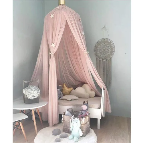 Vista 3 de Toldo para cama para niñas – Cama princesa Canopy Mosquitera Decoración de habitación de juegos cúpula Premium Hilado Netting Cortinas Baby Game Rosa