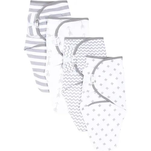 Vista 5 de BaeBae Goods Juego de 4 mantas para envolver al bebé, para niños y niñas, hechas de algodón suave (flechas grises, 0-3 meses)