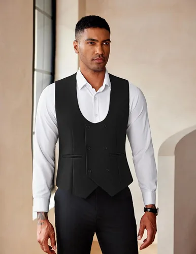 Vista 3 de COOFANDY Chaleco de traje para hombre, ajustado, doble botonadura, chaleco formal de negocios