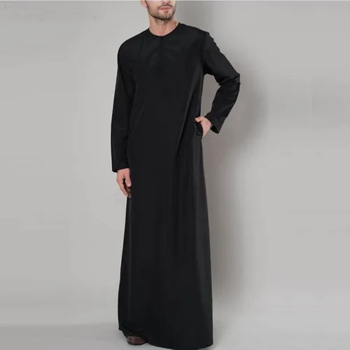 Vista 2 de Bata musulmana para hombre 2023 Causal Manga Larga Algodón Islámico Thobe Largo con Bolsillos Moda Sólida Moda