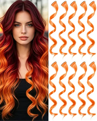 Vista 11 de 10 extensiones de cabello sintético rizado y ondulado negro con clip, reflejos de fiesta de neón arcoíris, accesorios de cabello coloridos