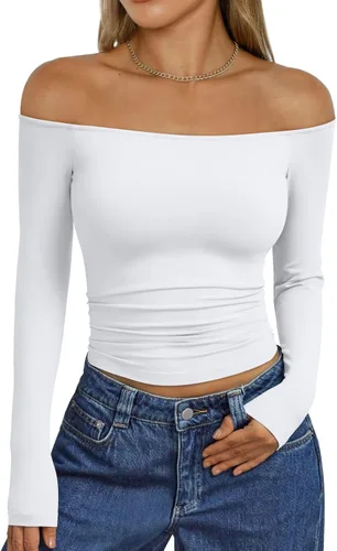 Vista 22 de Trendy Queen Camisetas básicas sexy para mujer con hombros descubiertos Azul