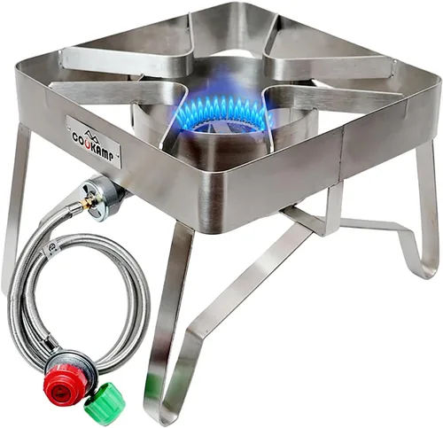 Vista 5 de COOKAMP - Estufa de gas a alta presión para exteriores, quemador de propano con regulador ajustable de 0-20 PSI y manguera de acero trenzada (ACERO)