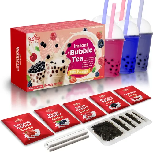 Vista 9 de Fusion Select Juego de 5 paquetes de té de burbujas de taro, mango, melaza, fresa con perlas de tapioca extra ricas, pajitas