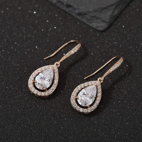 Vista 4 de SWEETV Pendientes de boda de lágrima para novias, damas de honor, aretes colgantes de circonita cúbica para graduación, fiesta, ocasión formal