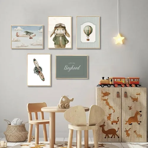 Vista 7 de ONEOLTN Arte de Pared en Lienzo Vintage de Conejito Piloto para Guardería Imágenes Temáticas de Aventura Habitación de Bebé Niño Póster de Avión