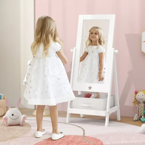 Vista 7 de Costzon Espejo de longitud completa para niños, espejo de pie de princesa con estante de almacenamiento y cesta, espejo rectangular giratorio de 360