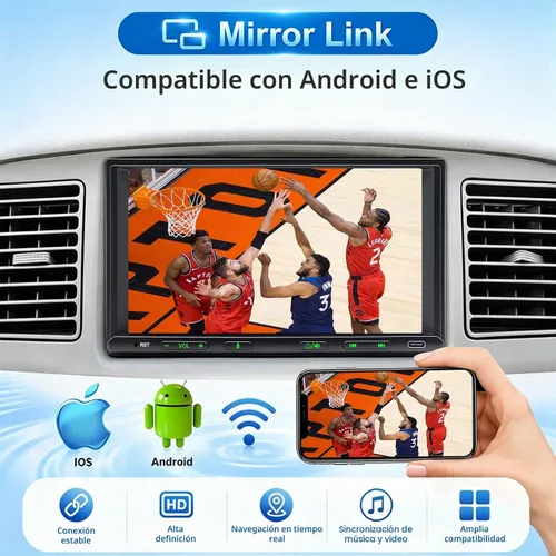 Vista 4 de Estéreo de coche doble DIN inalámbrico Apple CarPlay Android Auto, radio doble DIN de 7 pulgadas con Bluetooth, enlace de espejo, cámara de visión