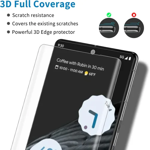 Vista 5 de Protector de pantalla para Google Pixel 7 Pro, protector de pantalla de vidrio templado curvado 3D, compatible con desbloqueo de huellas dactilares