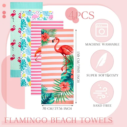 Vista 2 de Tudomro 4 toallas de playa de gran tamaño de microfibra de flamenco, toallas de piscina grandes para adultos, mujeres y hombres, toallas de natación