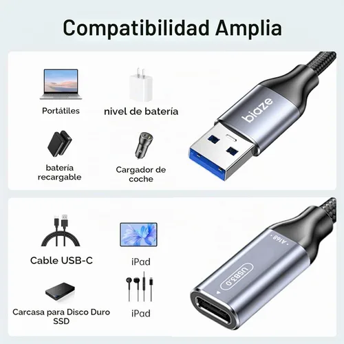 Vista 4 de Adaptador USB C hembra a USB macho, adaptador de cable USB A a USB C con transferencia de datos de 10 Gbps y carga para laptop, PC, disco flash