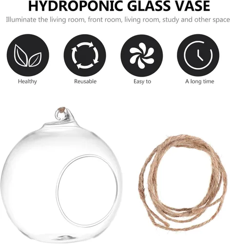 Vista 5 de Happyyami 6Pcs 10Cm Glass Hanging Terrarium Holder with 6M Jute Rope for Indoor Plant Decor, Succulent and Air Plant Vase Set, Home Hanging Planter