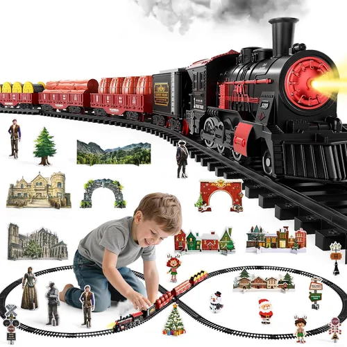Vista 8 de NIPLOOOW Juego de tren para niños de 4 a 8 años, juguete de tren eléctrico con sonido realista, luces y humo para debajo del árbol de Navidad