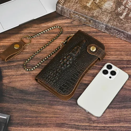 Vista 3 de Genuino caballo loco cuero viaje regalo moneda bolsillo tarjeta caso largo organizador cadena Rfid monedero con broche para hombres hombres 1088