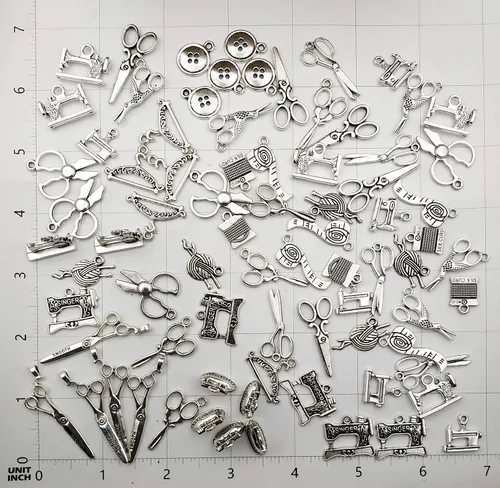 Vista 2 de Youdiyla Colección de 68 dijes de costura plateados, mezcla de hilo de tijera antiguos, hilo de tijera, colgante, suministros de metal, hallazgos
