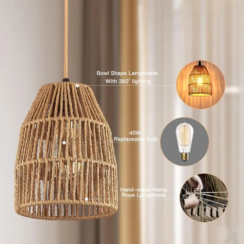 Vista 3 de Lámpara colgante enchufable, luces colgantes con cable de algodón dorado de 15 pies e interruptor de atenuación continuo, pantalla de cuerda