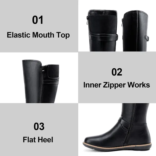 Vista 5 de Jeossy Botas altas hasta la rodilla 9655 para mujer, botas planas de equitación con hebilla y cremallera para mujer
