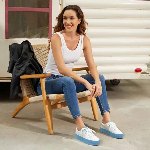 Vista 3 de JABASIC Zapatos deportivos de plataforma con cordones para mujer, cómodos, informales, a la moda, para caminar