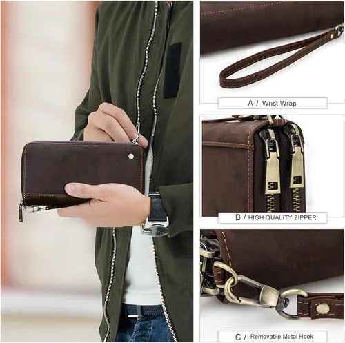 Vista 3 de Bolso de embrague de los hombres, carteras de los hombres, cartera para los hombres, billetera de cuero genuino de gran capacidad del teléfono
