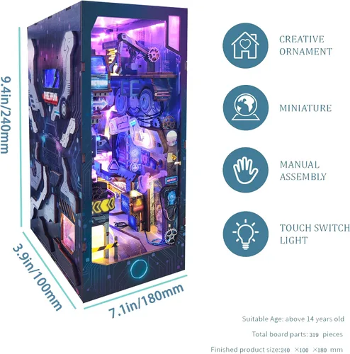 Vista 3 de Cyberpunk - Kit de rincón de libro con luz LED, rompecabezas de madera 3D para decoración de estantes de libros, kit de casa de muñecas