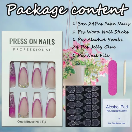 Vista 6 de Uñas largas a presión, uñas postizas cuadradas de punta francesa, uñas acrílicas, punta de ataúd, uñas adhesivas de cobertura completa, uñas