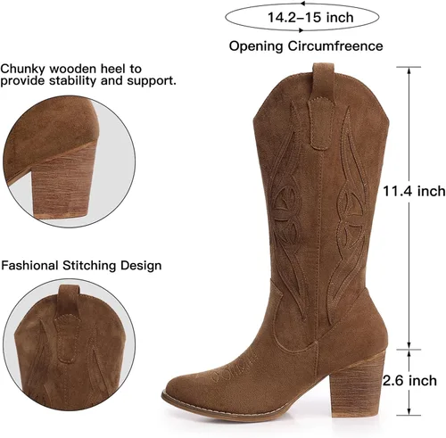 Vista 5 de SHIBEVER Botas vaqueras para mujer 2025 botas vaqueras negras a media pantorrilla, botas vaqueras bordadas occidentales de tacón alto con punta