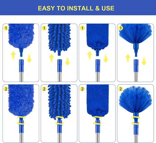 Vista 5 de Plumeros para limpieza, plumero Newliton con poste de extensión, plumero de microfibra para ventilador de techo y telarañas, plumero largo