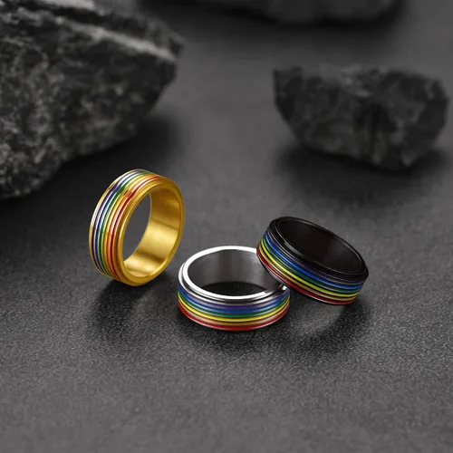 Vista 47 de FaithHeart Anillos para ansiedad LGBT Pride Rainbow, acero inoxidable/chapado en oro de 18 quilates, joyería de amor es amor para hombres y mujeres