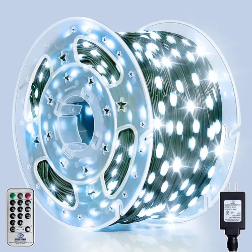 Vista 8 de Tira de luces LED para exteriores de 132 pies, 400 luces LED enchufables IP67, impermeables, con control remoto, 11 modos regulables, blanco cálido
