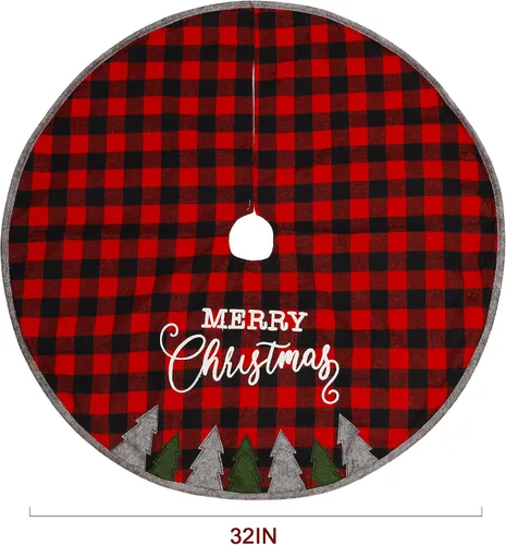 Vista 2 de Juegoal Falda de árbol de Navidad de 32 pulgadas, tapete de árbol de Navidad suave a cuadros rojos y negros para decoración de fiestas de Navidad