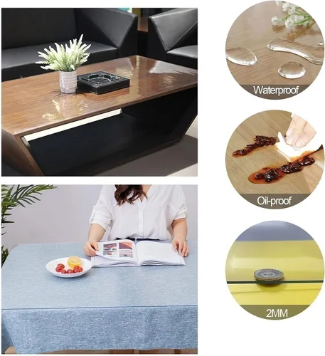 Vista 3 de Protector de mesa de cocina, comedor y madera, cubierta de plástico transparente, fácil de limpiar, alfombrilla protectora de escritorio de madera