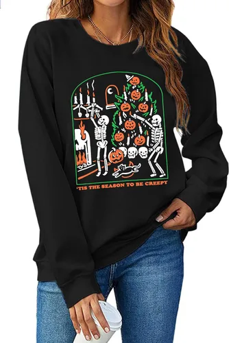 Vista 3 de YI XIANG RAN Sudadera de Halloween para mujer, diseño de esqueletos, estilo vintage, informal, holgada, cuello redondo, sin botones