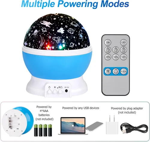 Vista 5 de Luces nocturnas de Navidad para bebé con control remoto, proyector de luna de rotación de 360 grados, 4 bombillas LED, 8 luces que cambian