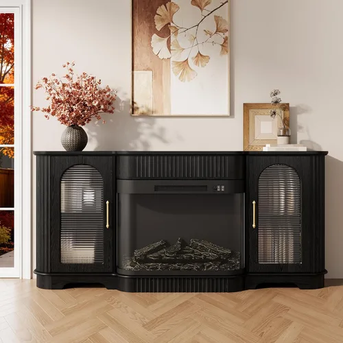 Vista 7 de Soporte de TV estriado de 70 pulgadas con chimenea eléctrica curvada Negro