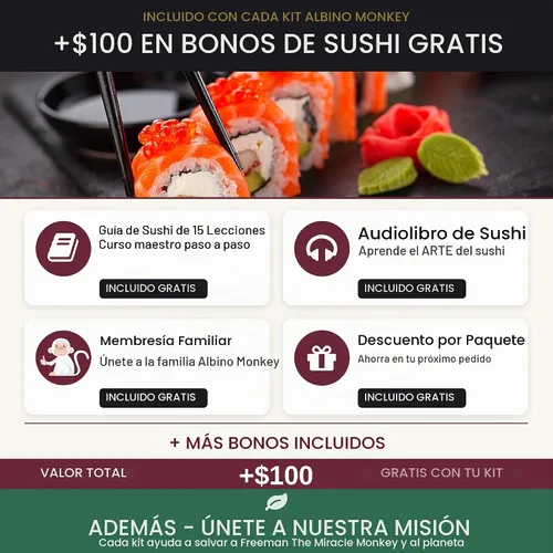 Vista 4 de Albino monkey Kit para hacer sushi con bazuca, tapete de bambú y curso