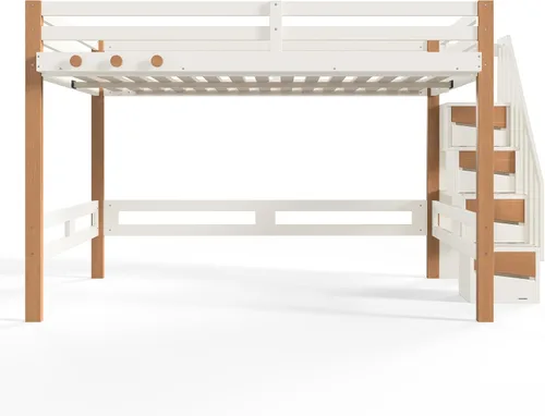 Vista 8 de Queen Loft Bed with Shelves and Clothes Hook, Space-Saving Wood Loft Bed Frame with Staircase and Ample Under-Bed Space, Beige & Natural
