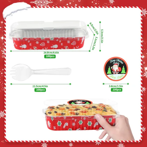 Vista 2 de Paquete de 100 mini moldes para pan de Navidad con tapas, mini moldes para pasteles con tapas y cucharas, moldes de papel de aluminio de 6.8 onzas