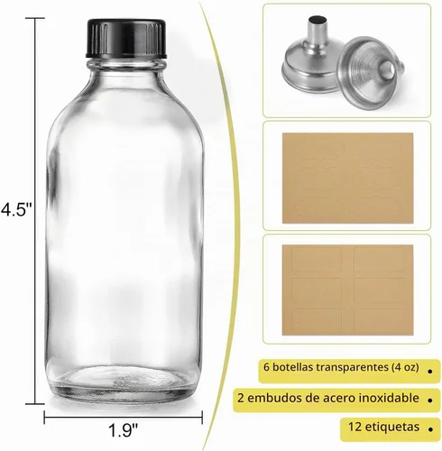Vista 3 de 6 Pack, botellas pequeñas de vidrio transparente de 4 onzas con tapas y 2 embudos de acero inoxidable - Botella de muestra Boston de 120ml