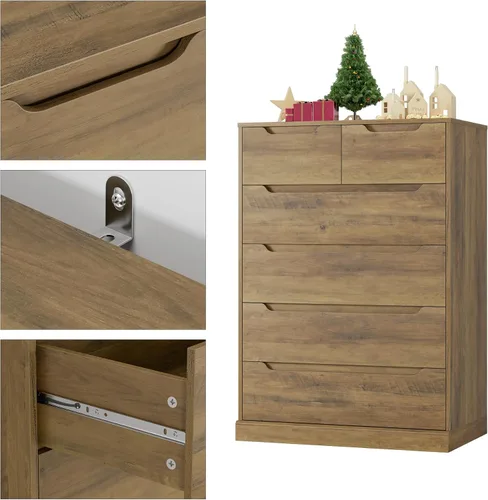 Vista 7 de HOSTACK Cómoda moderna de 6 cajones para dormitorio, cómoda alta con almacenamiento, organizadores de cofre grande de almacenamiento de madera