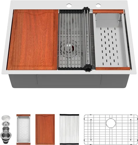 Vista 16 de Fregadero de cocina negro de 30"x19", estación de trabajo con revestimiento nano, acero inoxidable 304 calibre 16, hecho a mano, montaje superior