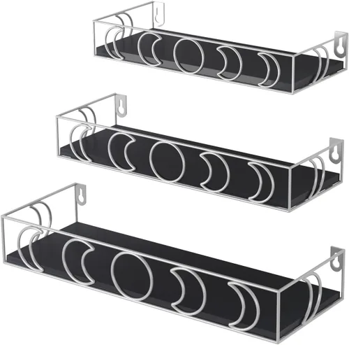 Vista 8 de PHAREGE Estantes Flotantes de Fases Lunares Negros, Juego de 3 Pequeños Estantes Decorativos de Pared para Almacenamiento de Libros y Plantas