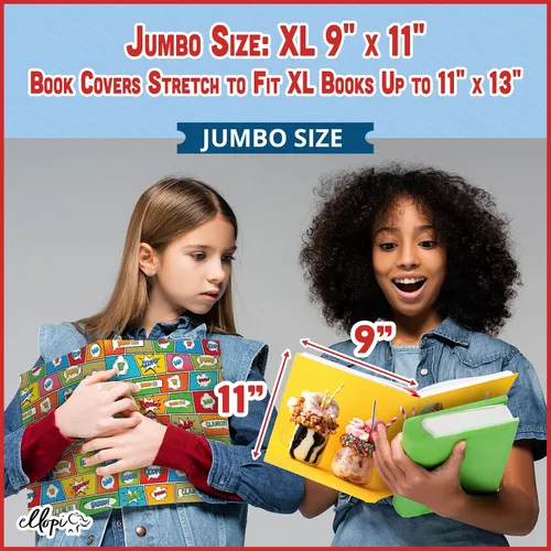 Vista 7 de Paquete de 6 fundas elásticas para libros fáciles de aplicar. 3 chaquetas grandes sólidas y 3 diseños para libros de texto de tapa dura de hasta 9 x