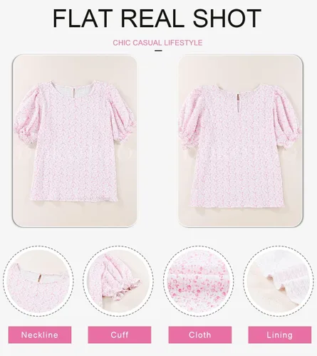 Vista 5 de Dokotoo Blusas con Estampado Floral para Mujer Cuello Redondo Fruncidas Manga Abombada Camisas Casuales Tops Babydoll