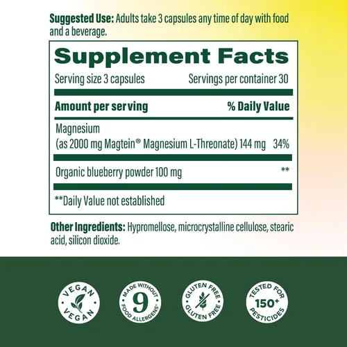 Vista 2 de MegaFood Magtein L-treonato de magnesio – Suplemento de magnesio 2000 mg por porción – Apoya la memoria a corto plazo, concentración, estado